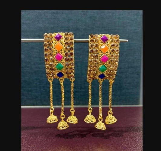 Fancy Multicolor Kundan Crystal Gold Plated Earrings - 2 Pcs