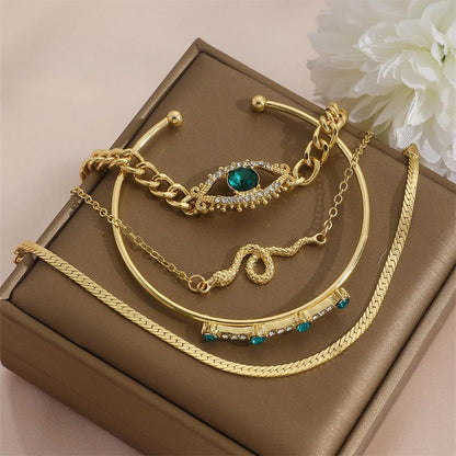 4 Pcs Gold Plated Charms Hanging Bracelet Set with Rhinestones