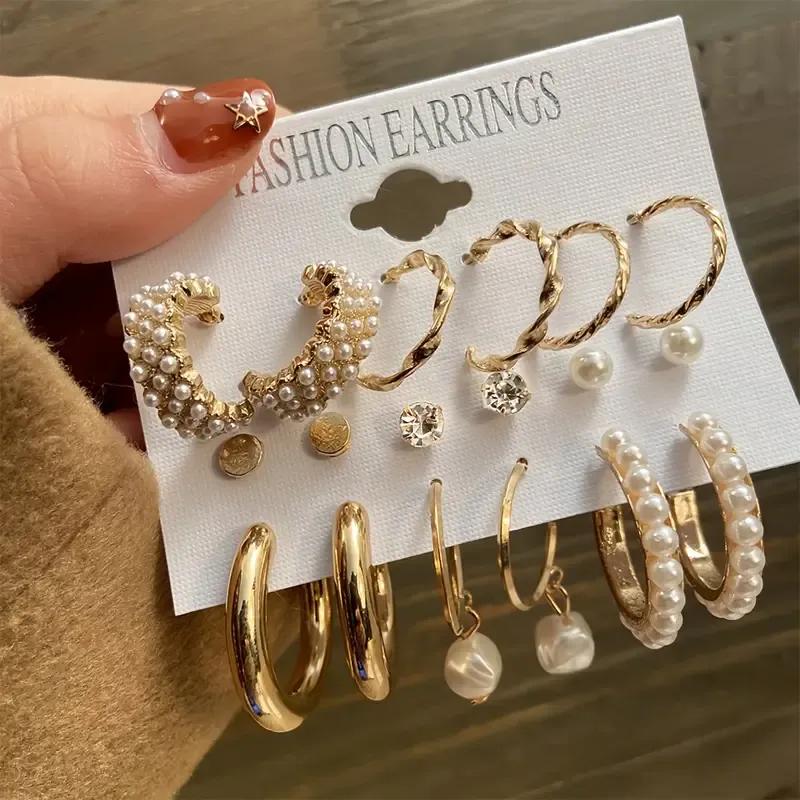 Stunning Pearl Stone Gold Plated Hoops - 6 Pcs Set for Women