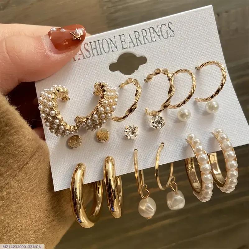 Stunning Pearl Stone Gold Plated Hoops - 6 Pcs Set for Women